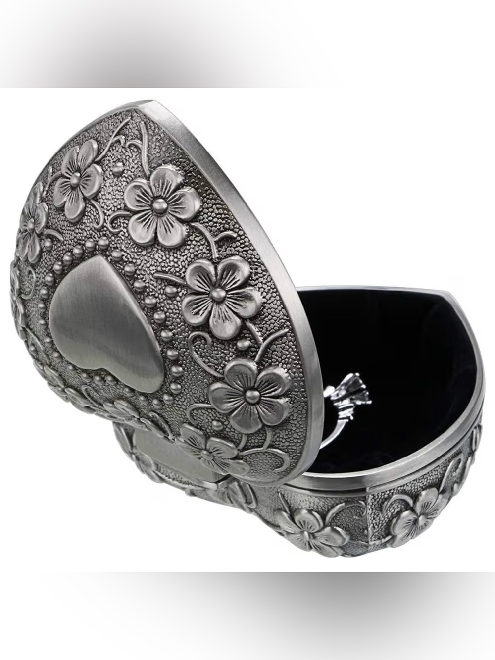 Vintage Silver small  Heart Floral Jewelry Box – Elegant Women's Accessory - Picture 4 of 8